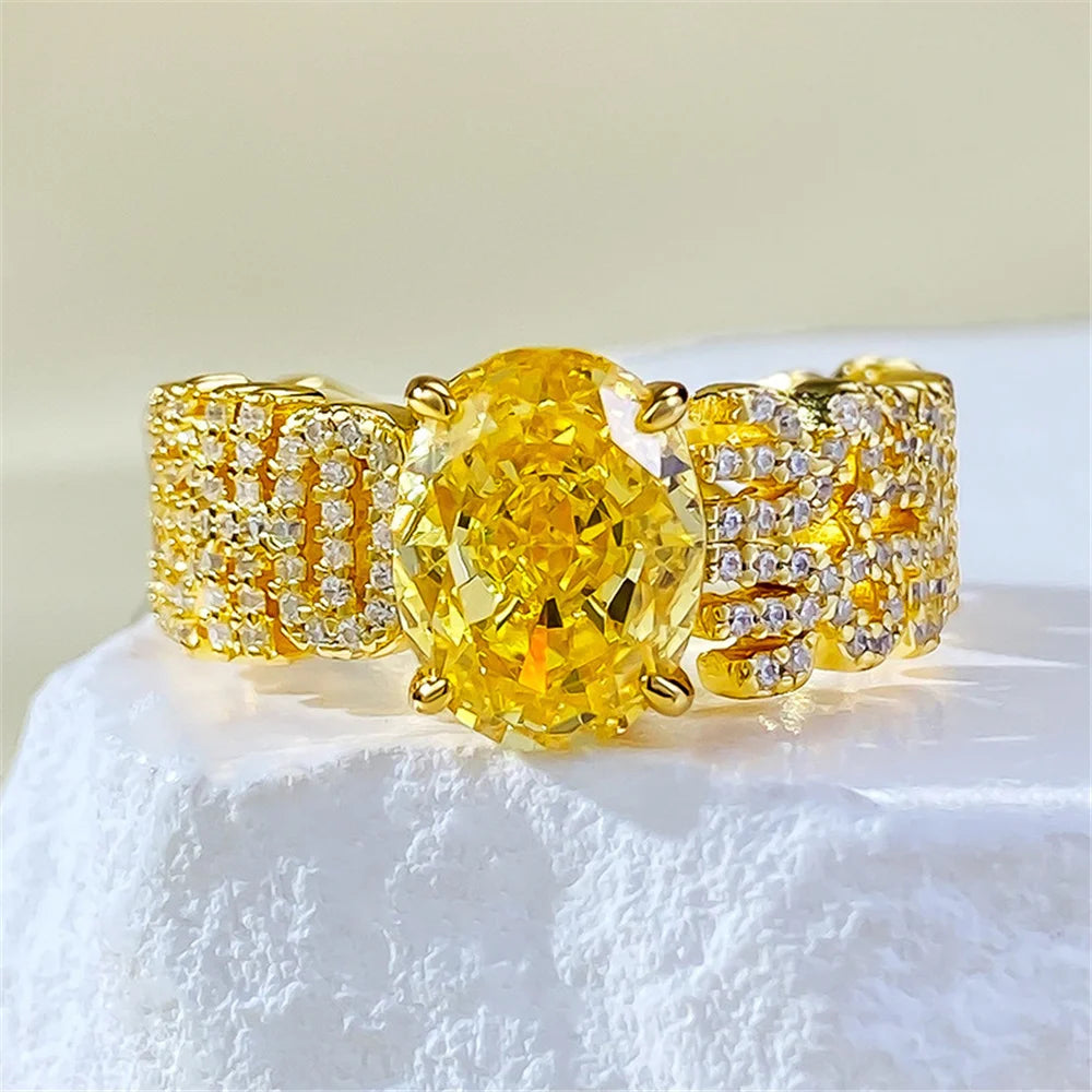 Luxury Female Yellow Zircon Stone Oval Engagement Rings For Women Gold Color Wedding Bands Jewelry Party Gifts