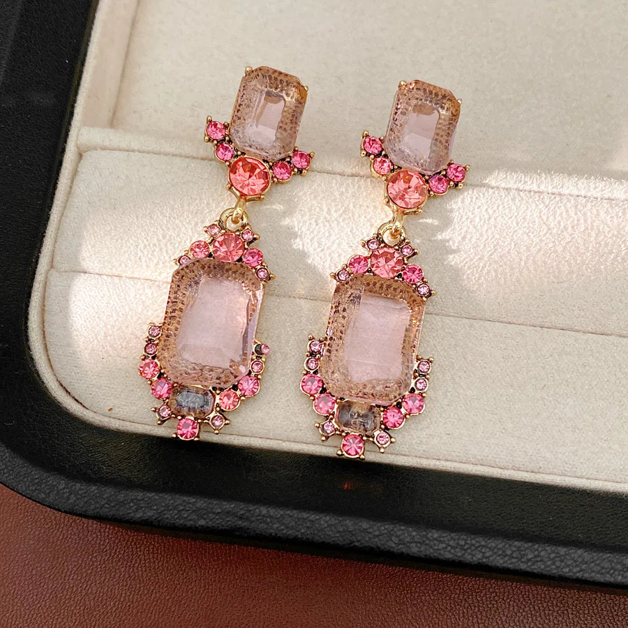 1 Pcs Purple Square Rhinestones Chokers Necklaces Retro Shiny Geometric Drop Earring Luxury Jewelry Set Gifts Wedding Party N
