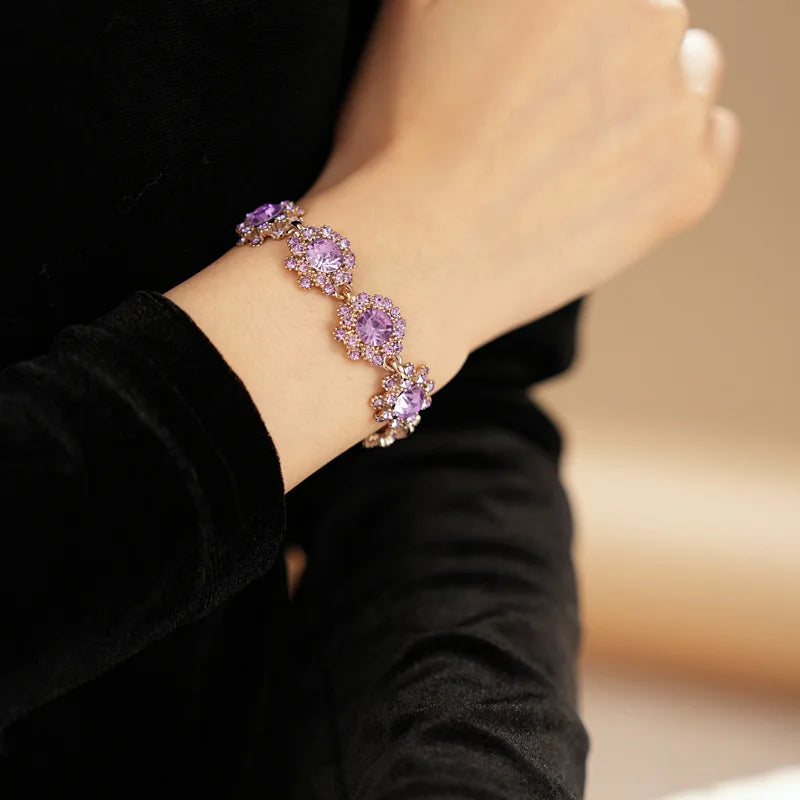 Vintage Amethyst Round Flower Cluster Necklace Bracelet Earring Jewelry Set Antique Silver Luxury Women Bridal Wedding Jewelry N