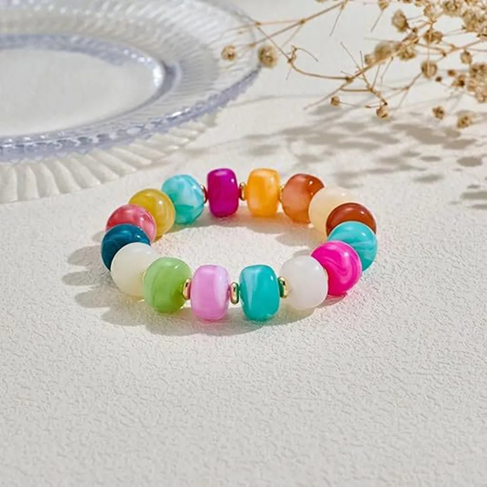 Boho Colorful Geometric Beads Elastic Bracelets for Women Fashion Acrylic Flat Round Bead Bracelet Beach Jewelry Gifts
