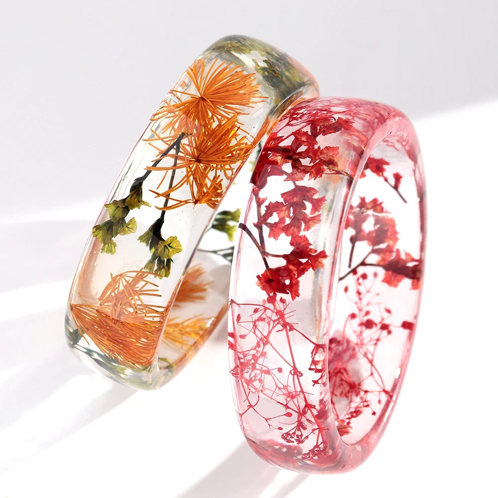 Vintage Dried Flowers Transparent Resin Chunky Bangles New Stackable Cuff Bangle Bracelets for Women Charm Jewelry
