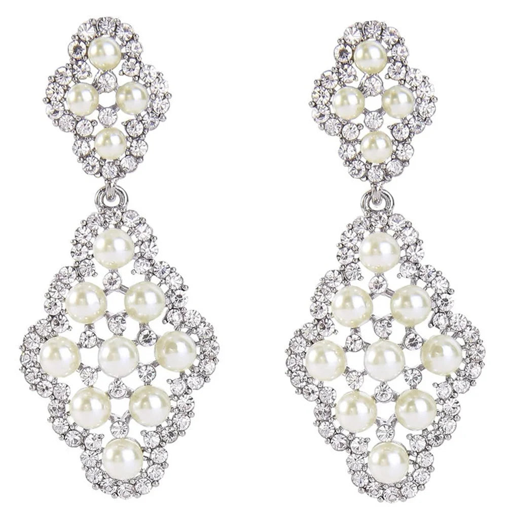Cute Female Silver Color White Pearl Stone Drop Stud Earrings Lovely Bridal Wedding Jewelry For Women