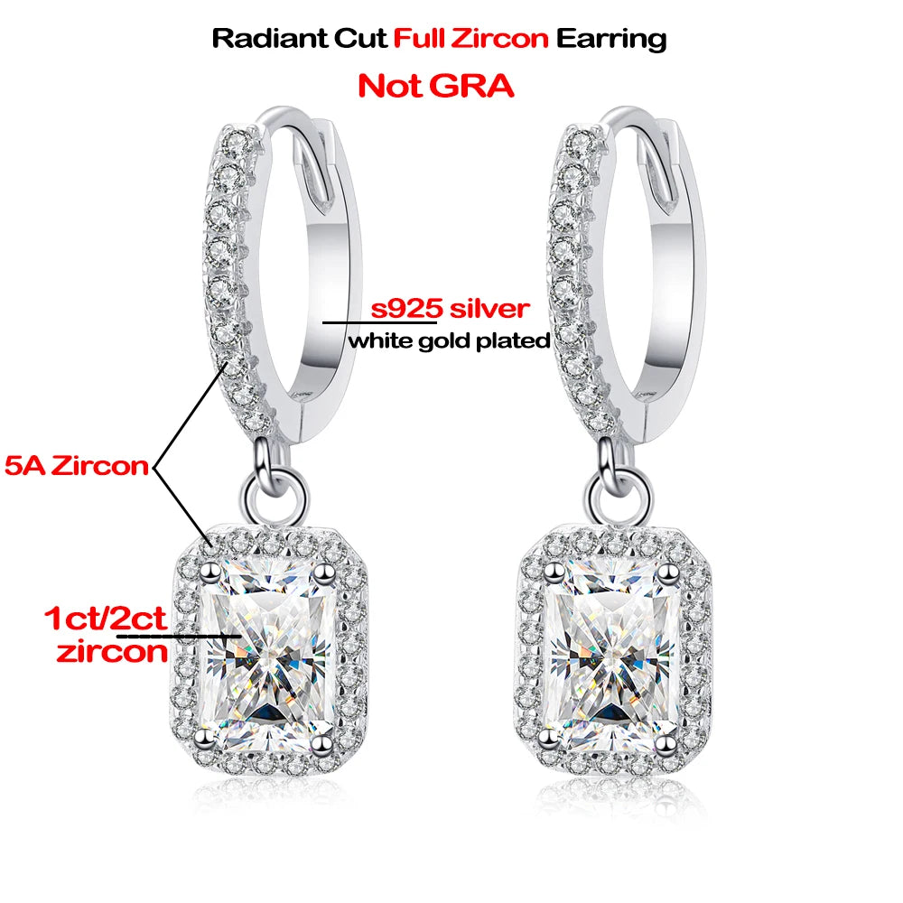 1ct 2ct Emerald/Radiant Cut Moissanite Drop Earrings for Women 925 Sterling Silver Plated PT950 Sparkling Hoop Earring With GRA