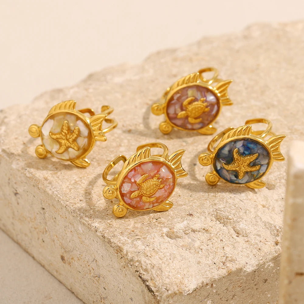 E.B.belle New Design Summer Women Cute Colorful Turtle Open Ring PVD Plated Stainless Steel Unique Holiday Party Jewelry