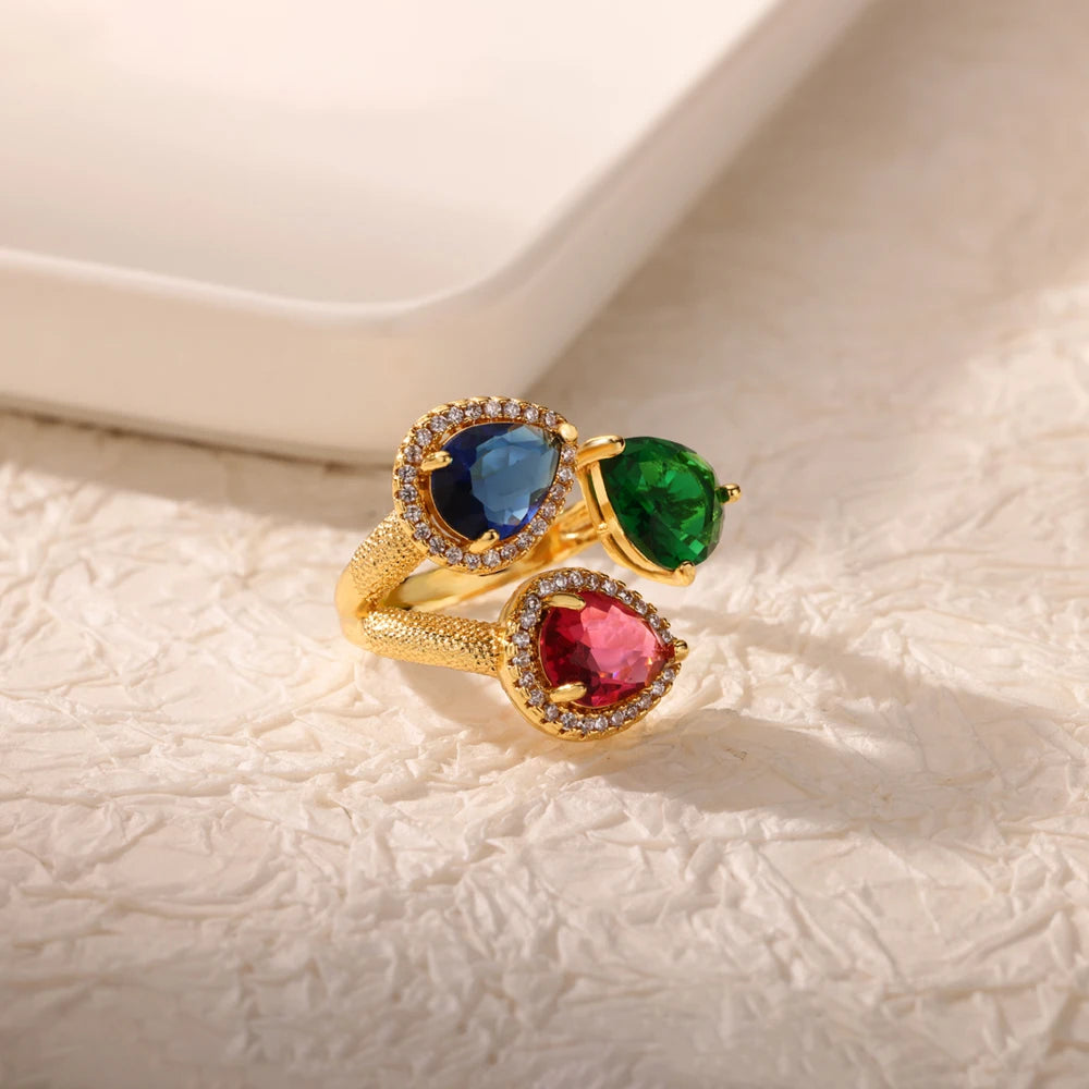 Stainless Steel Rings Gold Plated Colorful Stone Zircon Crystal Luxury Flower Ring For Women Wedding Jewelry Christmas Gift New