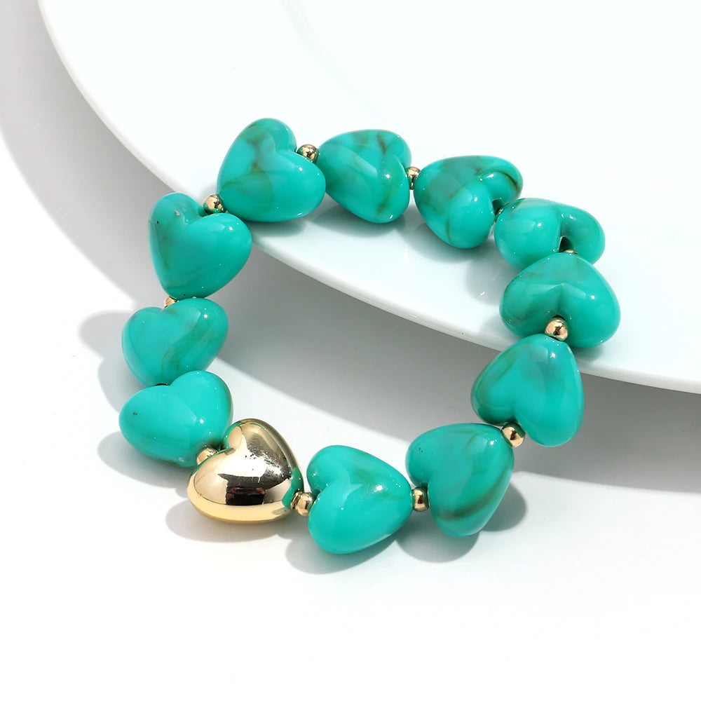 Sweet Resin Love Heart Beads Elastic Bracelets for Women Cute Geometric Heart Shape Stretch Bracelet Party Jewelry Gifts
