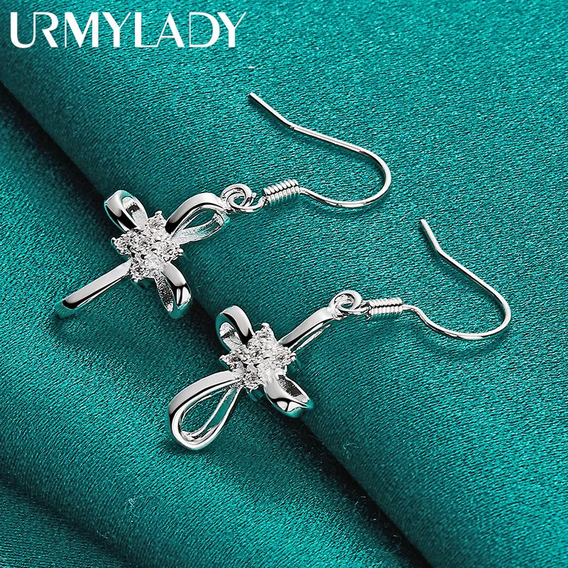URMYLADY 925 Sterling Silver Bowknot Zircon Earrings For Women Wedding Party Charm Jewelry
