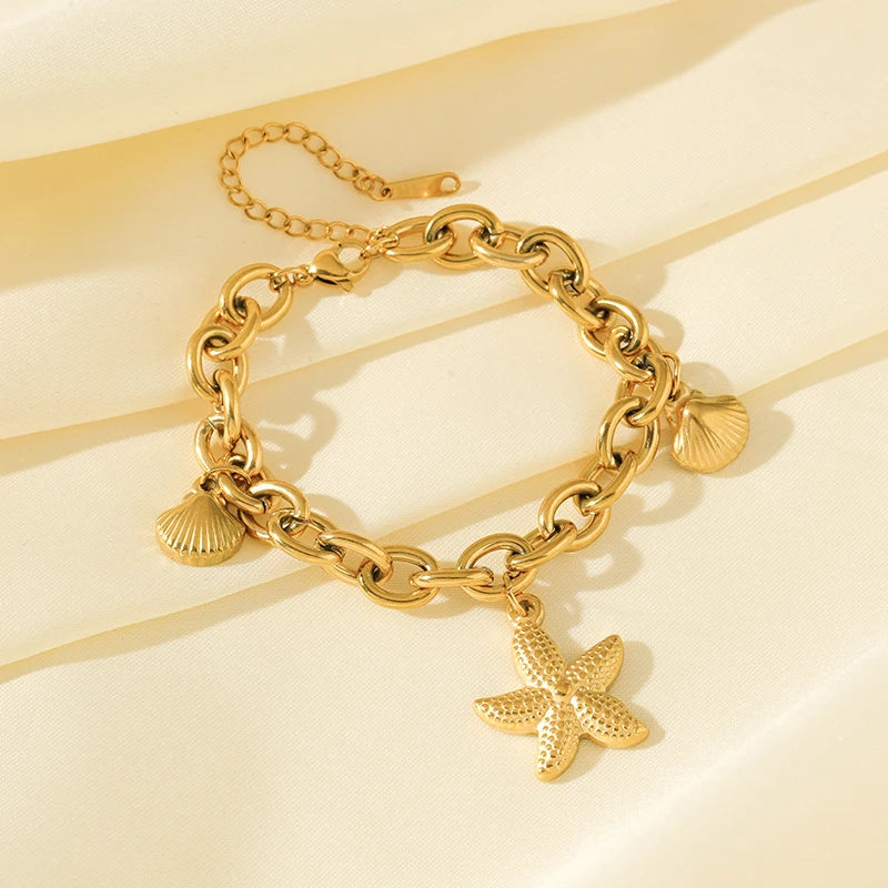 EILIECK 316L Stainless Steel Starfish Shells Charm Bracelet For Women New Trendy Wrist Chain 18K Gold Plated Jewelry Gift Party