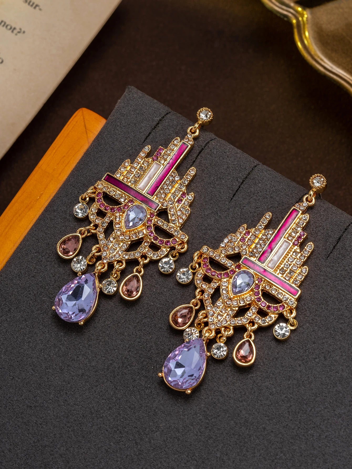 A Pair of Fashionable Ancient Castle-Style Heavy-Duty Tassel Earrings with Purple Diamond, Rose Red Enamel, and Full Diamond Teardrop Gemstones, Suitable as Court Banquet Dress Accessories and Gifts