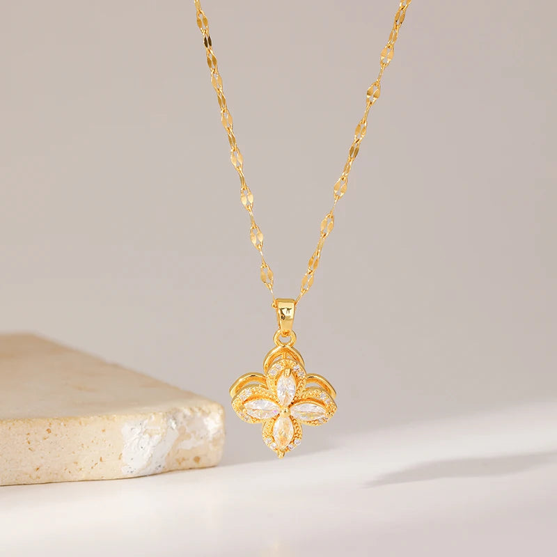 EILIECK New Fashion Stainless Steel Rotating Green Clover Zircon Necklace Bracelet Set For Women Trendy Waterproof Jewelry Gift