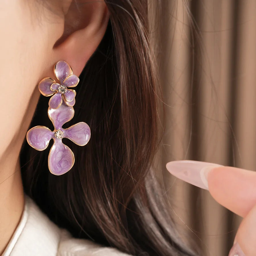 Double Layered Smudging Enamel Flower Drop Earrings for Women Vintage Shiny Rhinestones Dangle Earring Dating Party Jewelry N