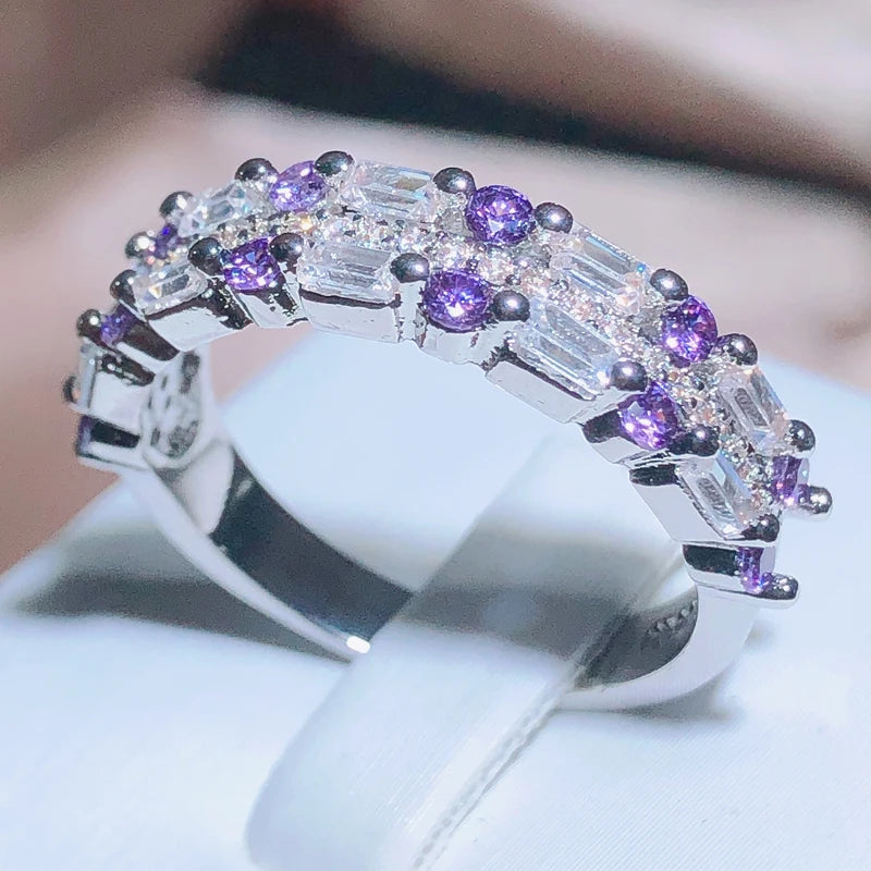 New Fashion Square Ring Purple AAA+ Zircon Micro-inlay For Women 925 Stamp Classic Two-color Zircon Full Drill Wedding Rings