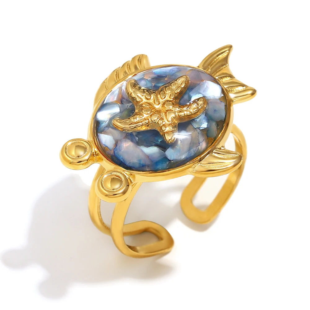 E.B.belle New Design Summer Women Cute Colorful Turtle Open Ring PVD Plated Stainless Steel Unique Holiday Party Jewelry