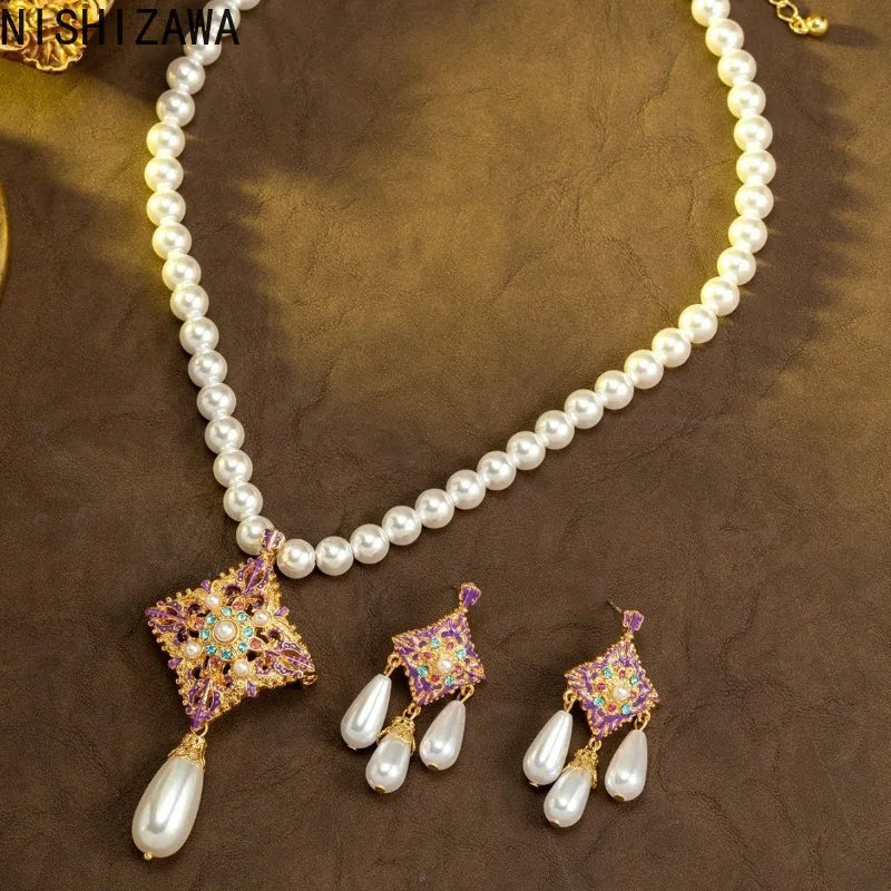 New Chinese Style Women Pearls Earrings Hollow Out Geometric Purple Elegant Jewelry Light Luxury Sweet Pendientes Mujer