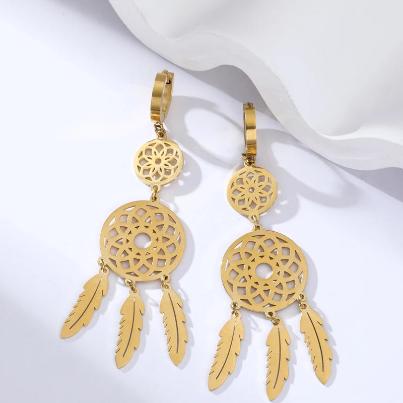 EILIECK 316L Stainless Steel Feather Dream Catcher Dangle Earrings For Women 2024 New Fashion Ear Drop Waterproof Jewelry Gift
