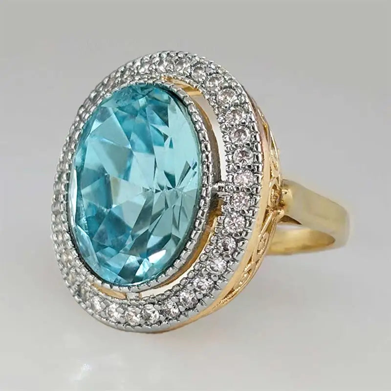 1pc Round Shaped Women Two Tone Ring Gentle Wedding Party Inlaid Brilliant Blue Cubic Zirconia Fashion Party Accessories Jewelry
