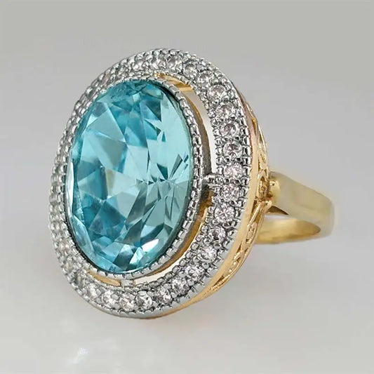 1pc Round Shaped Women Two Tone Ring Gentle Wedding Party Inlaid Brilliant Blue Cubic Zirconia Fashion Party Accessories Jewelry