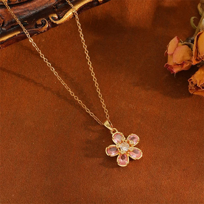 EILIECK Women's Trendy Floral Pink Zirconia Pendant Necklace Stainless Steel Neck Chain Daily Water-resistant Jewelry Lady Gift
