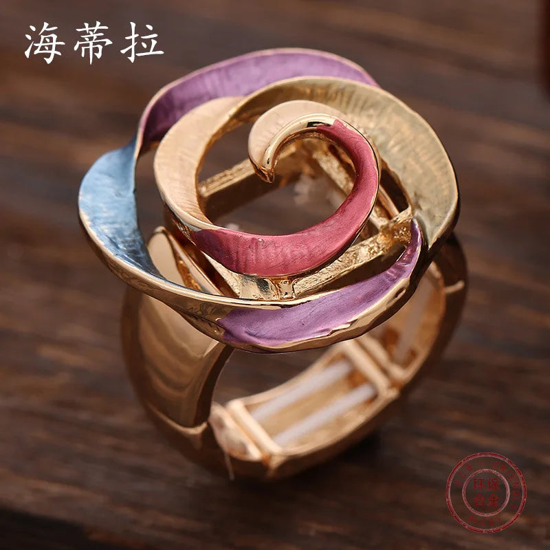 new color painting oil geometric hollow rose elastic ring, fashionable versatile women's alloy ring