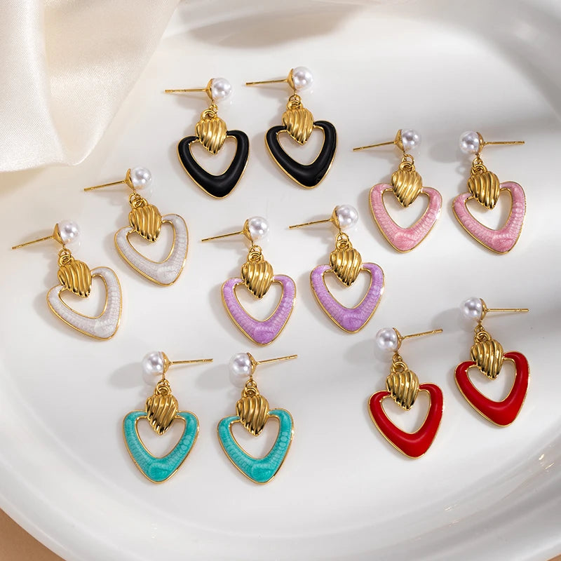 ANENJERY 316L Stainless Steel Hollow Heart Imitation Pearls Stud Earrings For Women Luxury Niche Temperament Simple Jewelry Gift