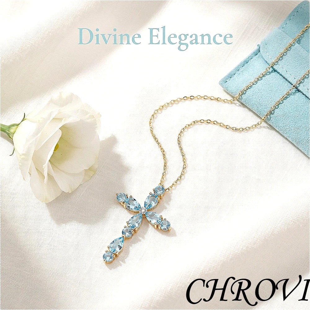Luxury-Style 925 Sterling Silver Topaz Natural Colored Gemstone Cross Beaded Necklace for Women, Around the Neck