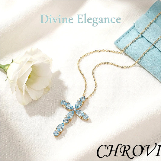 Luxury-Style 925 Sterling Silver Topaz Natural Colored Gemstone Cross Beaded Necklace for Women, Around the Neck