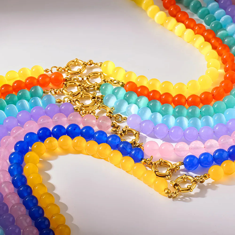 2026 Rainbow Cats Eye Glass Bead Choker Necklace 18K Gold Plated Stainless Steel Summer Bikini Gift for Women Girls