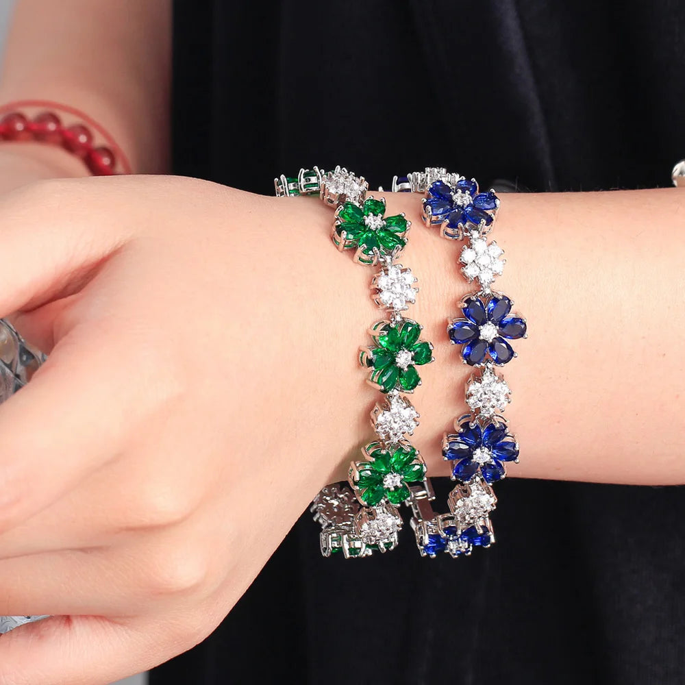 ThreeGraces High Quality Green Cubic Zirconia Gold Color Flower Link Chain Bracelet for Women Fashion Dubai Party Jewelry BR294