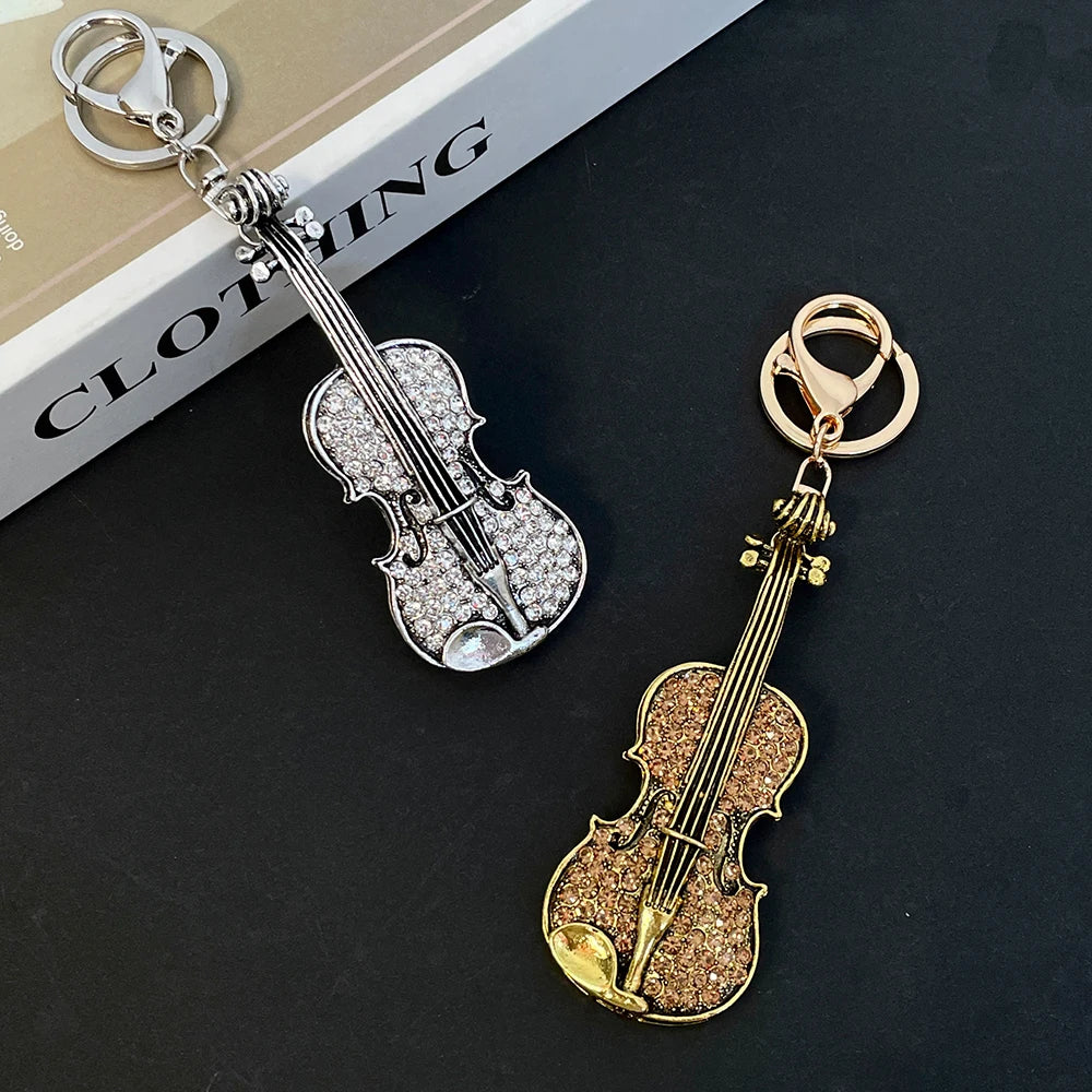 Violin Key Ring Concert Concert Souvenir Gift Women's Luxury Bag Pendant Keychain Rhinestone Crystal Handicraft