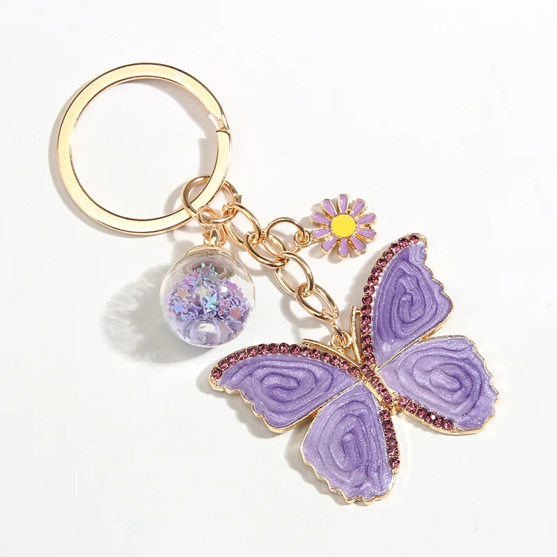 Cute Animal Keychain Purple Butterfly Flower Crystal Key Ring Star Glass Beads Key Chains For Women Men Souvenir Gifts Jewelry