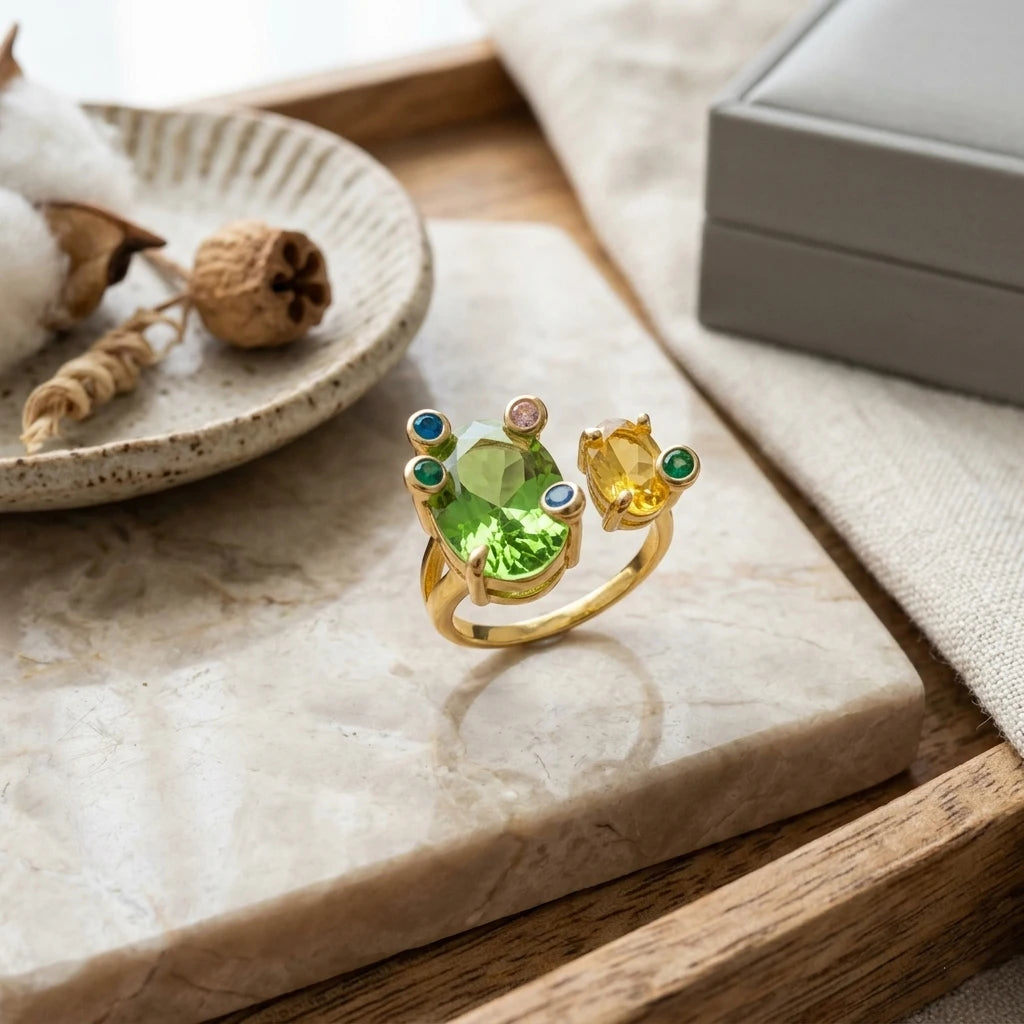 Gold Open Adjustable Ring Women Oval Multicolor Sparkling CZ Finger Ring Versatile Jewelry For Daily Party Dating Vacation Gift