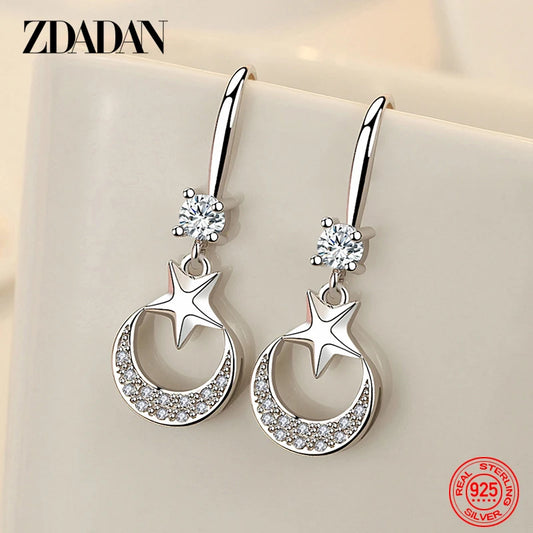 ZDADAN 925 Sterling Silver Star Moon CZ Dangle Earrings For Women Fashion Jewelry