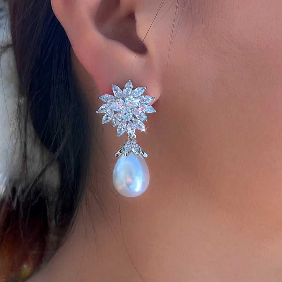 ThreeGraces Elegant Shiny Zirconia Long Big Simulated Pearl Bridal Wedding Engagement Earrings for Women Party Jewelry E1992