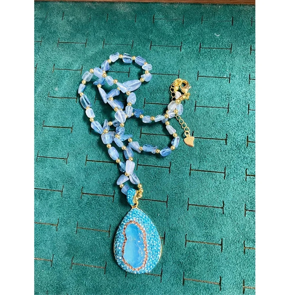 Turkish Raw Baroque Aquamarine Crystal Jewelry Set for Women Rhinestone Quartz Irregular Stone Necklace Ring Hook Earring Sets
