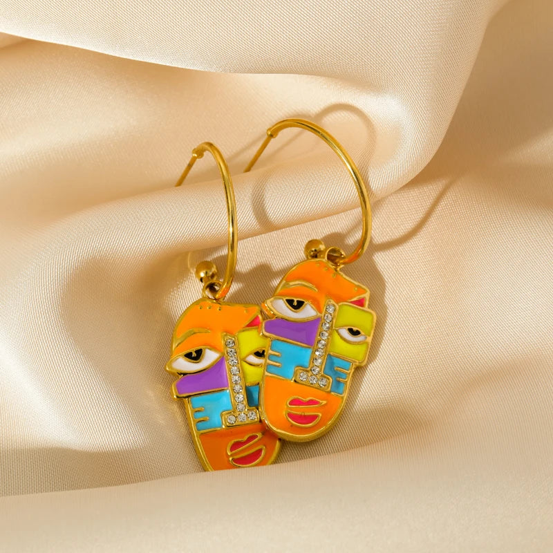 EILIECK 316L Stainless Steel Exaggerated Geometric Funny Face Drop Earrings For Women Girl Fashion Waterproof Ear Jewelry Gift