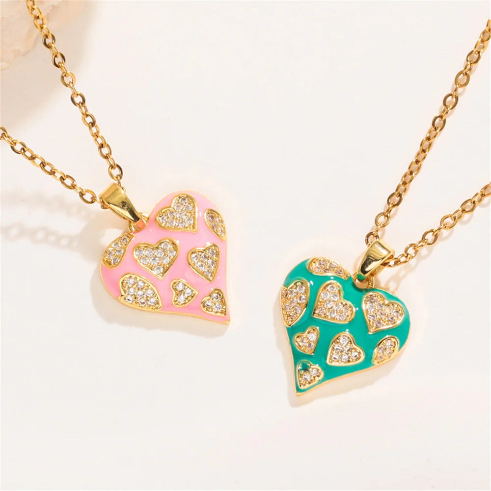 New Fashion Overlap Small Heart Love Charm Female Pink Green Zircon Pendant Necklace Gold Color Wedding Jewelry For Cute Women