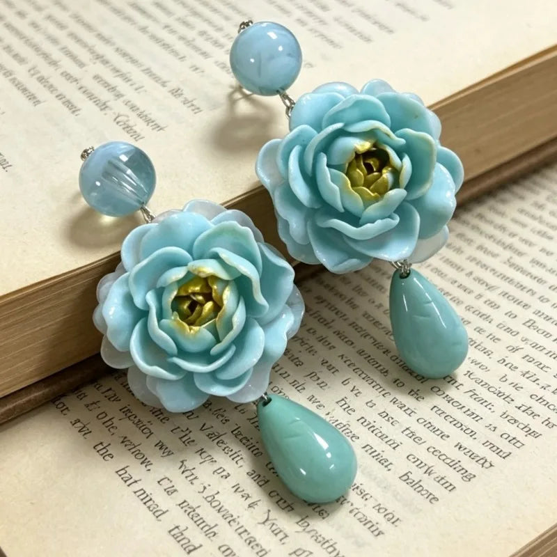 Blue Flowers Earrings for Women Teardrop Vintage Palace Style Sweet Pendientes Mujer Elegant Exquisite  Versatile Jewelry