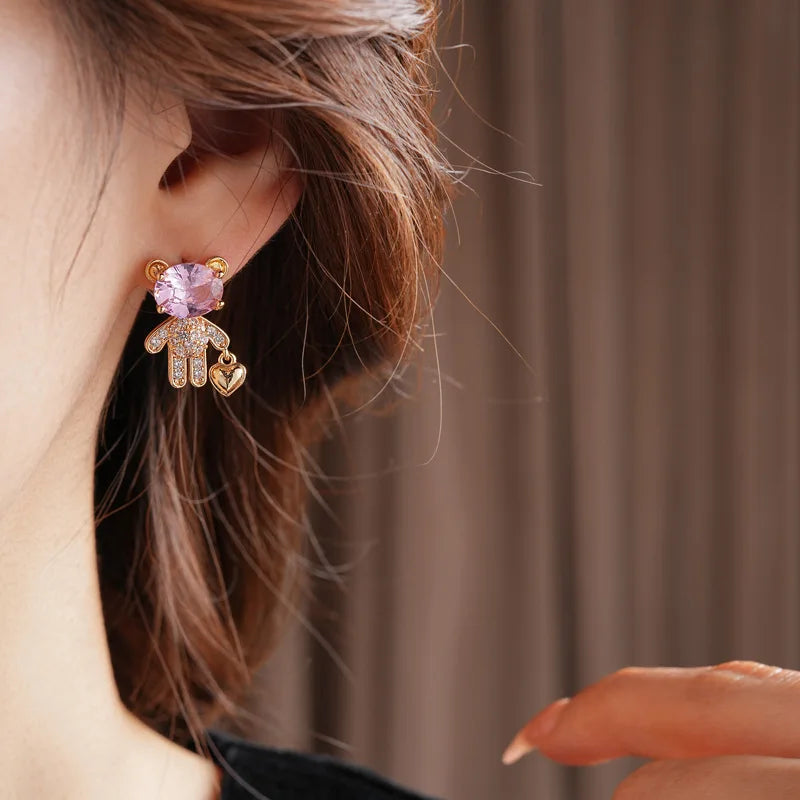 925 Silver Needle Zircon Bear Love Earrings for Women High-end Asymmetric Stud Earring Fashionable Versatile Sweet Jewelry