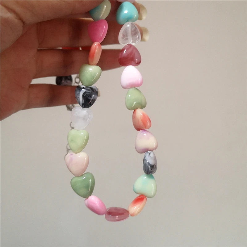 Y2K Retro Resin Pendant Necklaces Women Beaded Candy Color Heart Necklaces Exquisite Cute Daily Party Jewelry Accessories Gifts