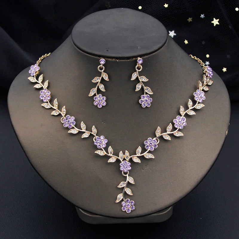 Exquisite 16 Colors Flower Jewelry Set Rhinestone Pendant Party Women Fashion Romantic Wedding Necklace Earring Set 3pcs Gifts