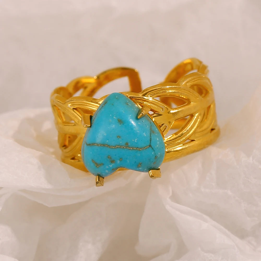 E.B.belle Leaf Pattern Natural Blue Turquoise Stone Heart Opening Ring 18K Gold Plated Stainless Steel Party Waterproof Jewelr y