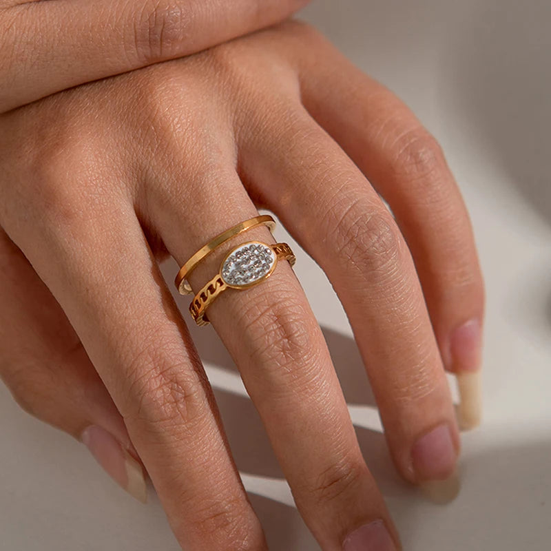 ANENJERY 316L Stainless Steel Turquoise Zircon Hollow Open Multi Layered Ring for Women Vintage Niche Jewelry Gifts Wholesale