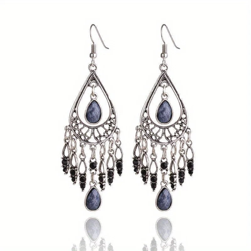Bohemian Ethnic Style Antique Silver Color Alloy Hollow Acrylic Resin Gems Water Droplet Tassel Earrings Women Vacation Jewelry