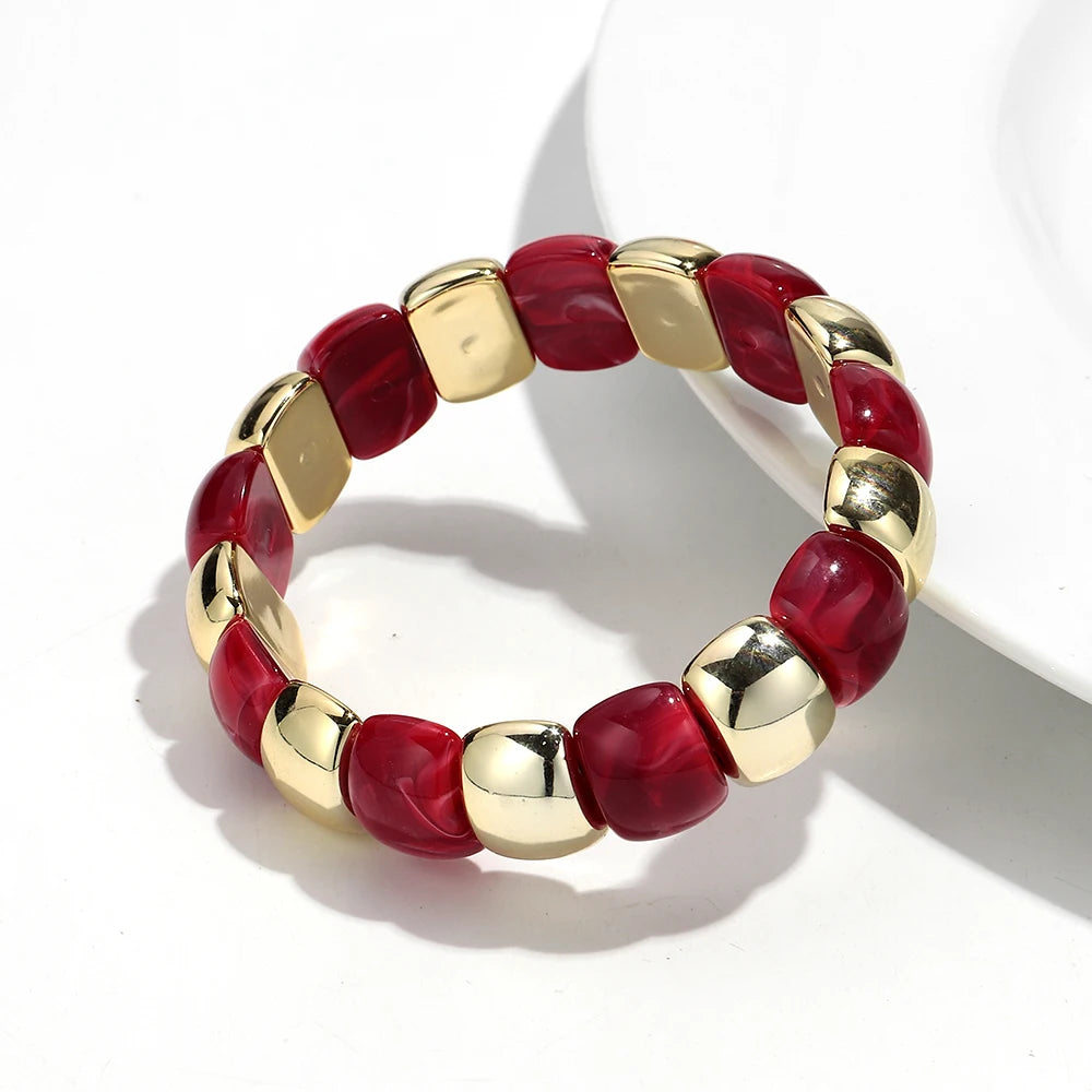 Vintage Acrylic Coloful Geometric Beads Elastic Bangle Bracelets Fashion Resin Golden CCB Bead Stackable Bracelet Women Jewelry