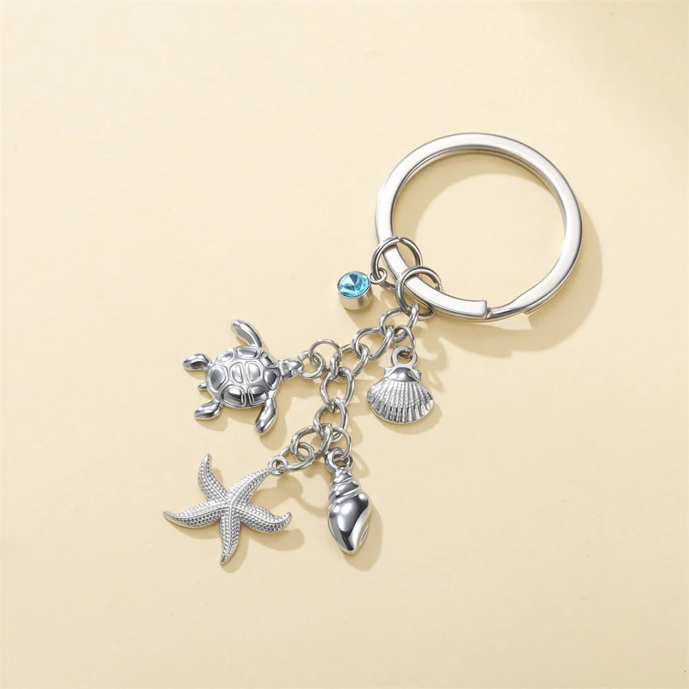 Turtle Starfish Shell Keychain Ocean Theme Stainless Steel Seashell Conch Crystal Charms Key Ring Fashion Beach Bag Holiday Gift