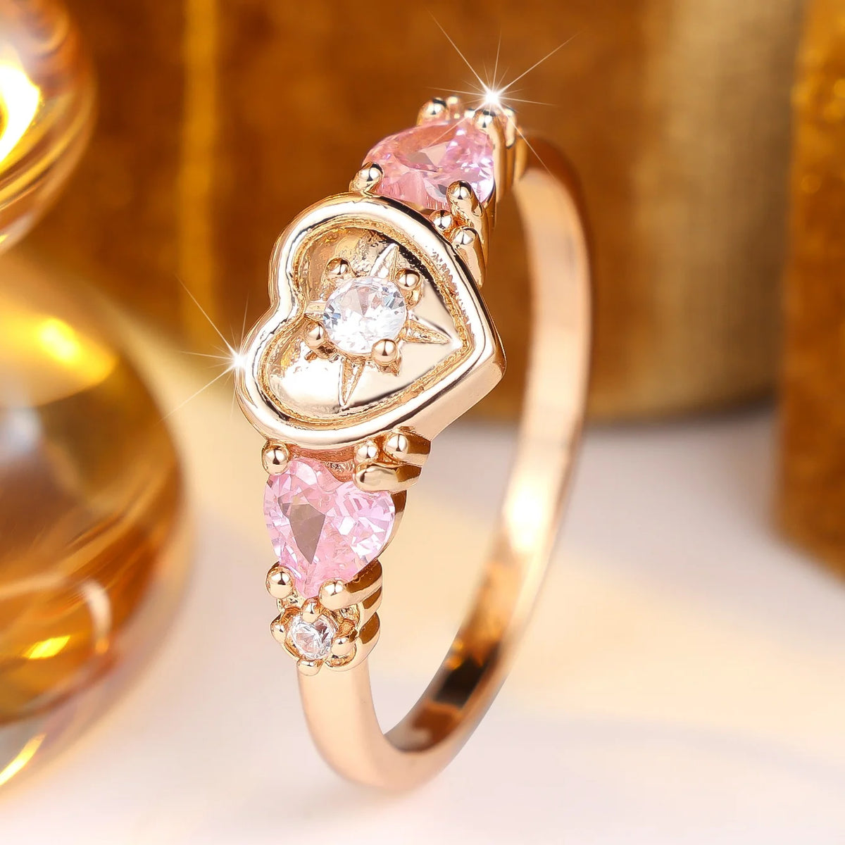 Small Cute Female Pink Heart Zircon Stone Round Ring Gold Color Wedding Jewelry For Women