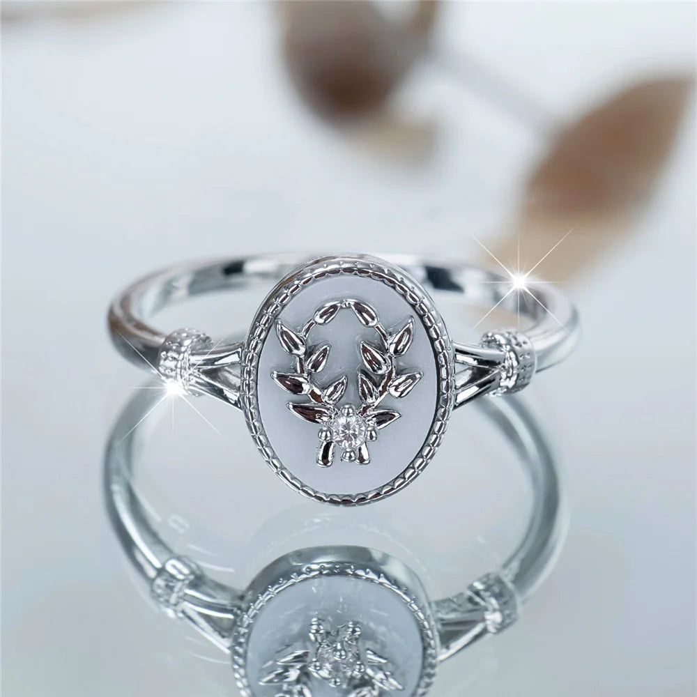 Charm Female White Enamel Stone Oval Leaf Plant Ring Rose Gold Silver Color Cute Gift Wedding Jewelry For Women