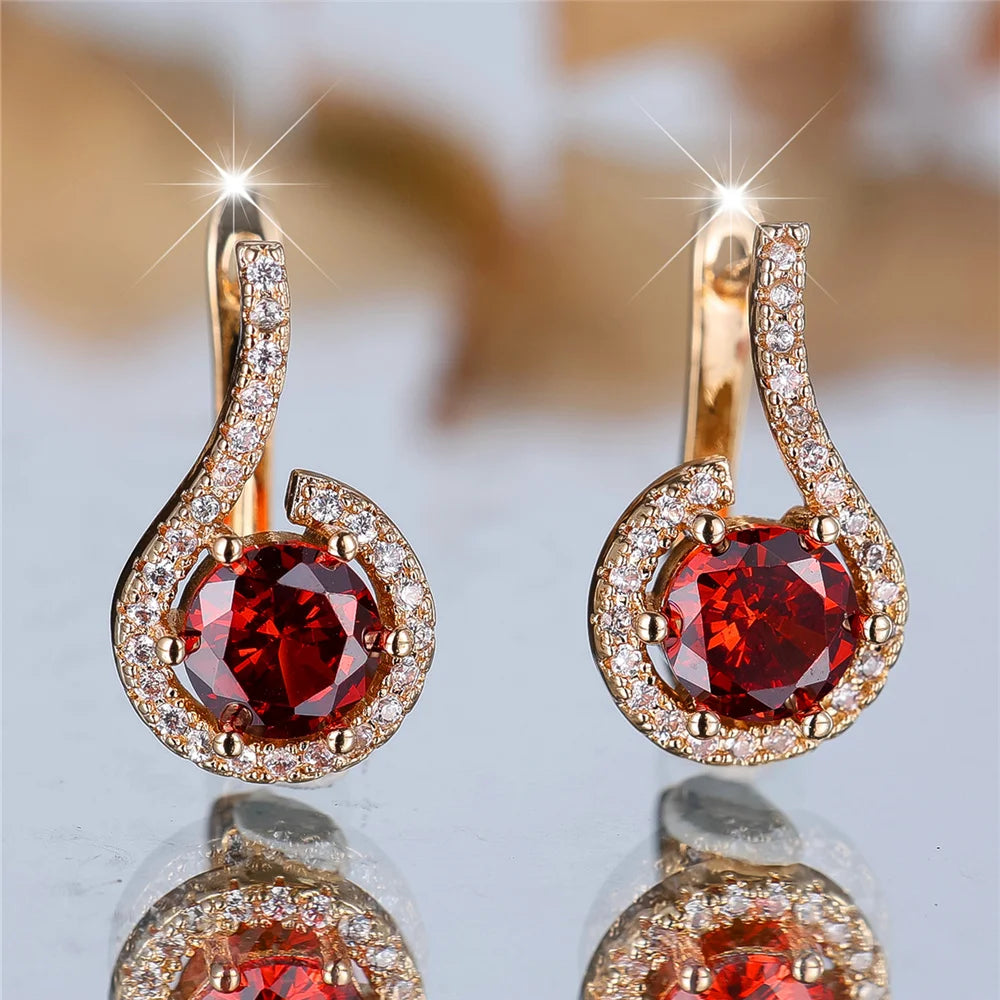 Charm Female White Red Round Zircon Stone Hoop Earrings Fashion Gold Color Wedding Jewelry For Women