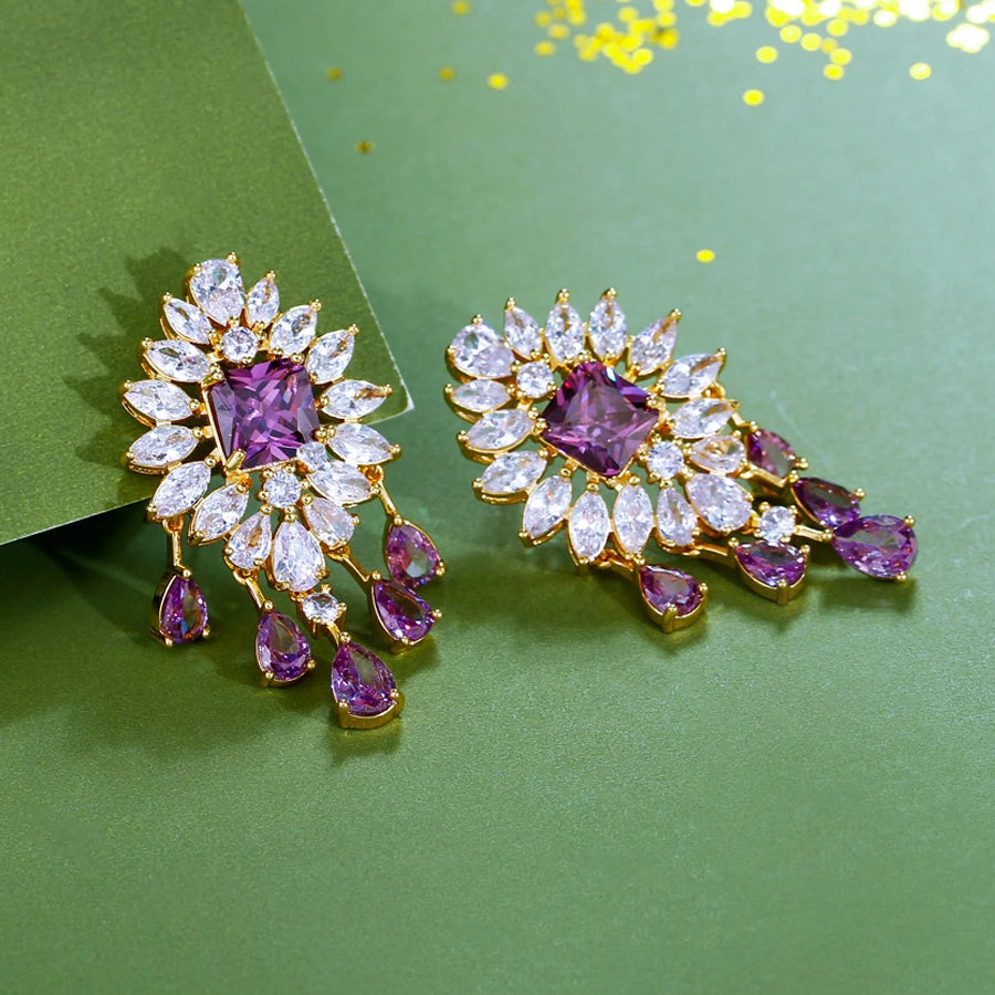 ThreeGraces Luxury Shining Purple White Zirconia Big Long Bridal Wedding Party Tassel Drop Earrings for Women Chic Jewelry E2009