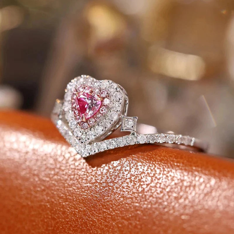 Luxury Heart Shape Pink 925 Silver Color Cute Fashion Promise Ring for Women Girl Party Wedding Gift Trendy Jewelry